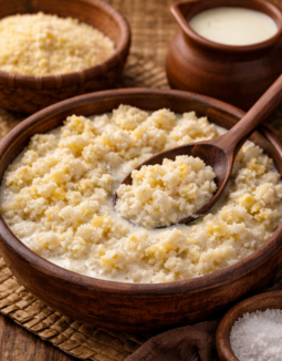 Amasi & Umvubo is a traditional South African dish made with crumbly steamed maize meal mixed with sour milk. Quick, filling and affordable.