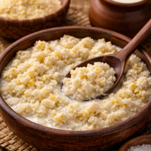 Amasi & Umvubo is a traditional South African dish made with crumbly steamed maize meal mixed with sour milk. Quick, filling and affordable.